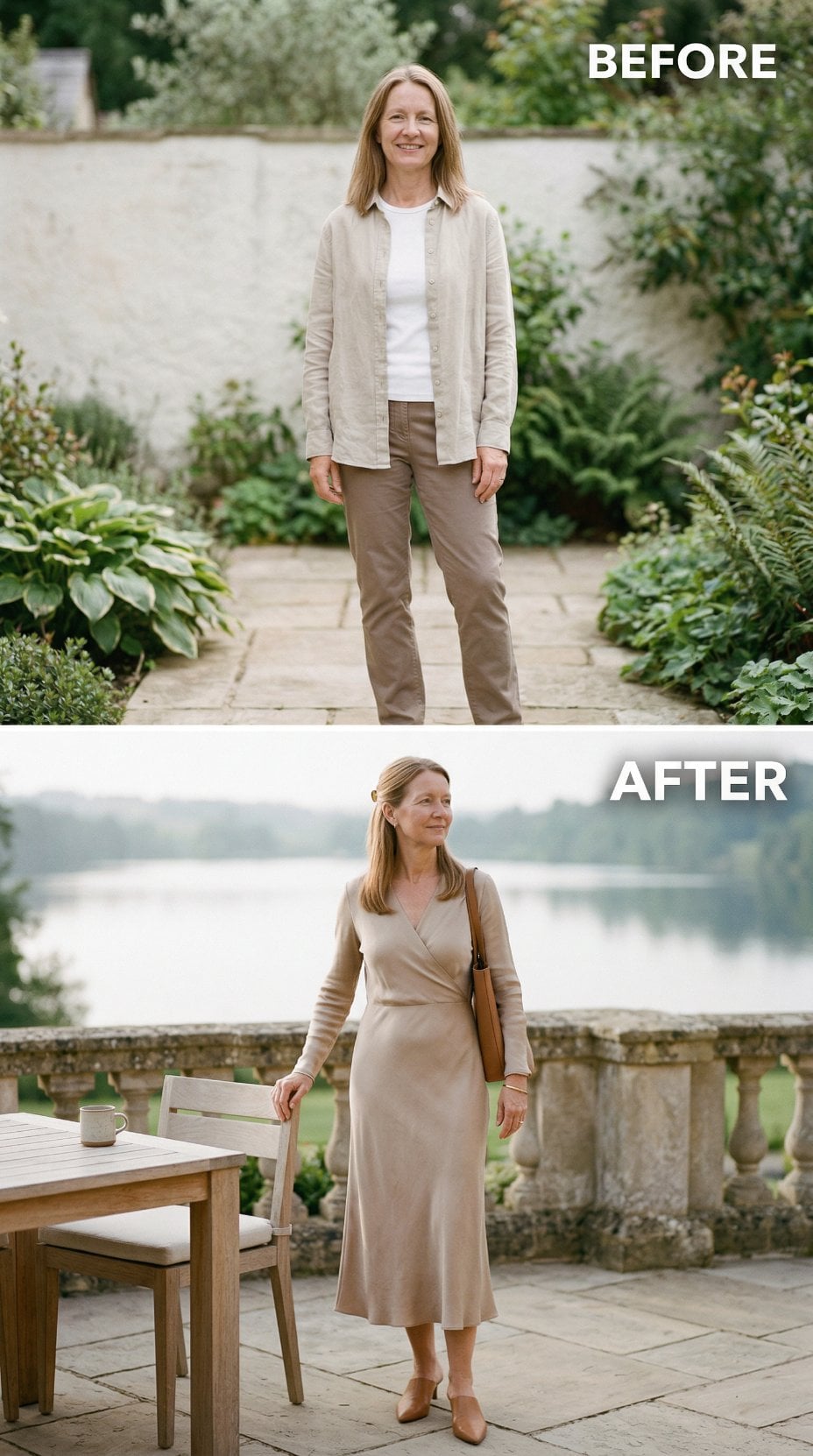 Garden Casual in Beige Linen Shirt Versus Terrace Elegance in Wrap Dress