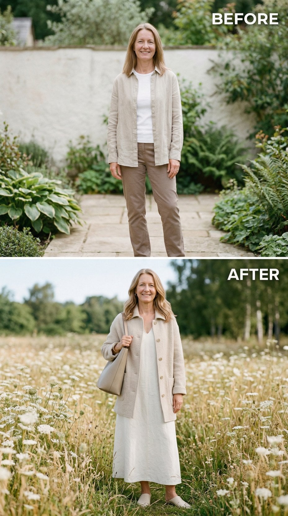 Straight-Leg Khakis and Linen Shirt Versus Ivory Maxi Dress with Structured Coat