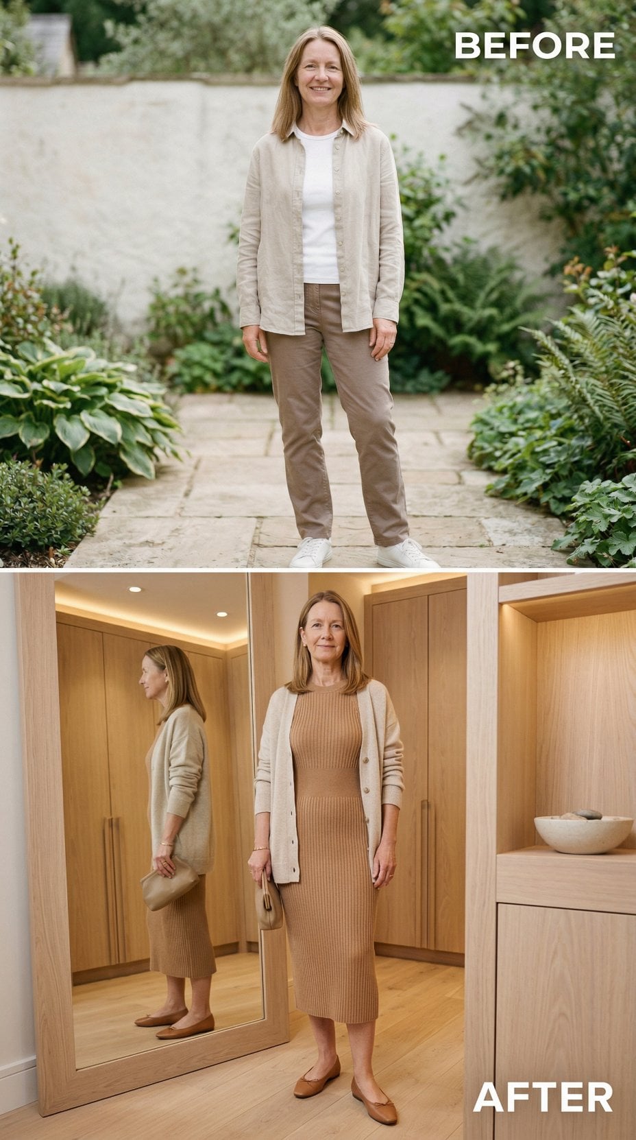 Sand Linen Overshirt and Khaki Trousers Switch Into Ribbed Midi Dress with Cardigan