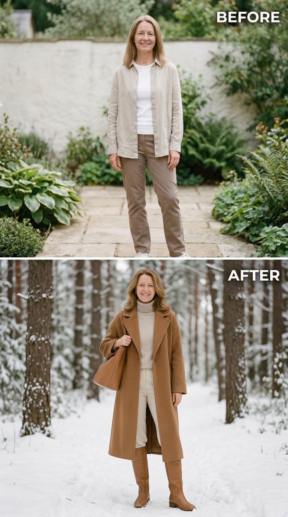 Garden Linen Overshirt Meets Camel Coat and Winter Boots