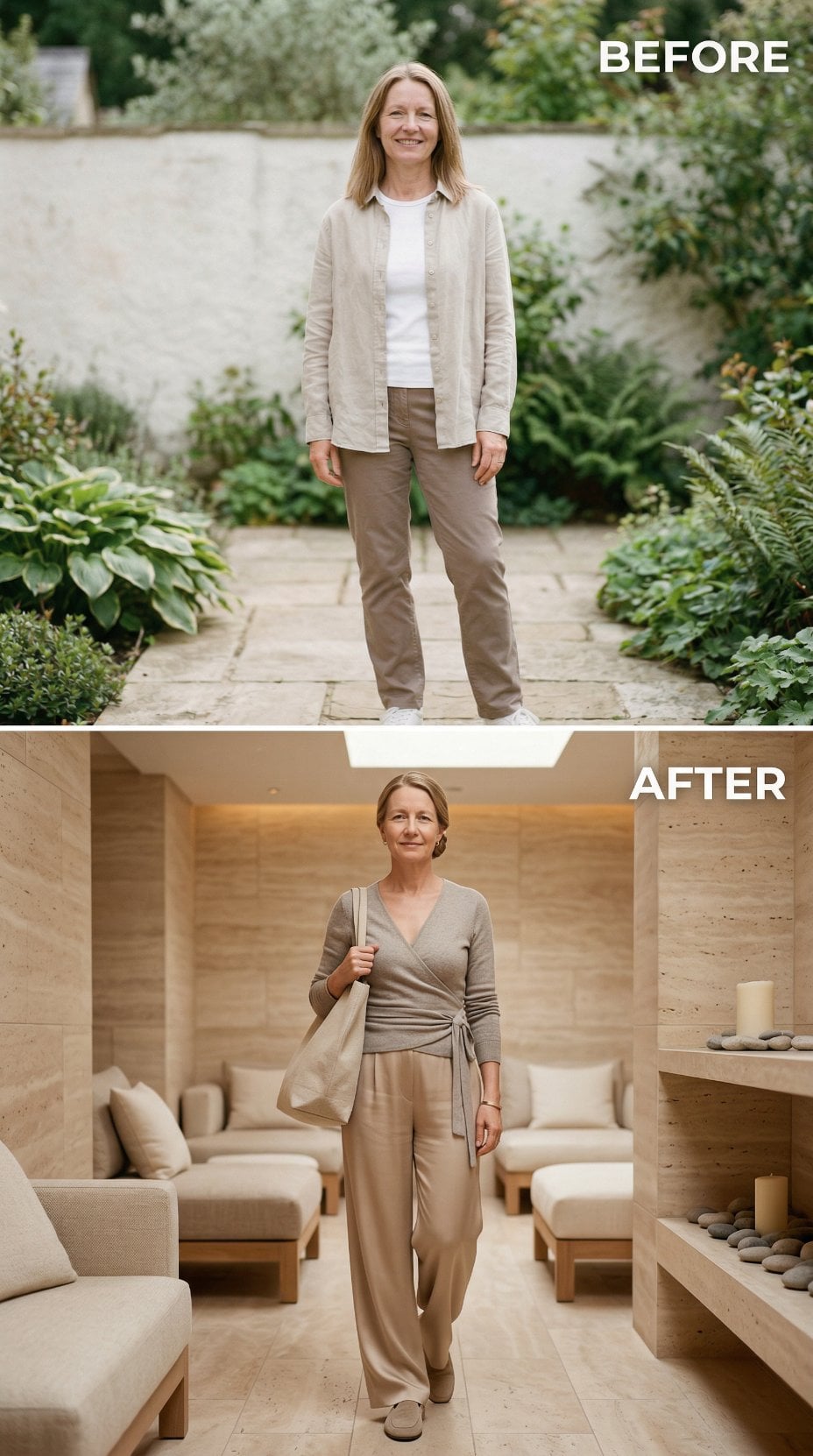 Garden Linen Jacket Over White Tee Gives Way to Olive Wrap Top Indoors