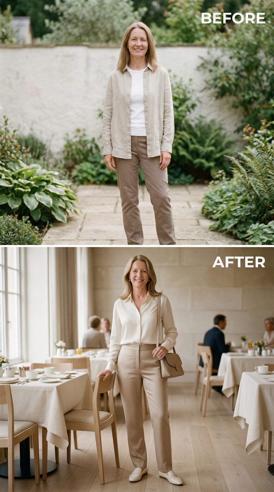 Beige Linen Shirt Over Khakis Moves Indoors to White Silk Blouse