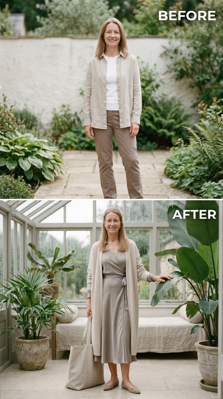 Outdoor Linen and Khakis Switch to Sage Wrap Dress with Long Cardigan