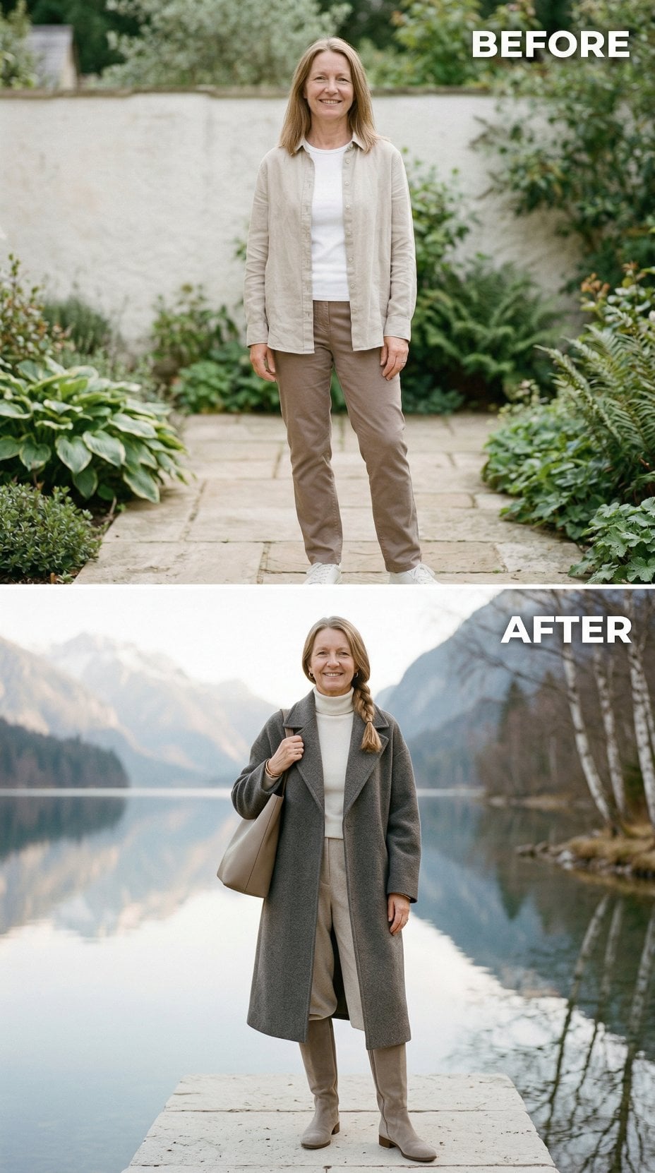 Outdoor Linen Layers Over Khakis Transform Into Charcoal Coat by Alpine Lake