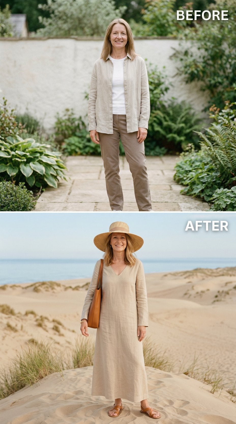 Garden Layers and Standing Pose Trade Places with Linen Tunic on Sand