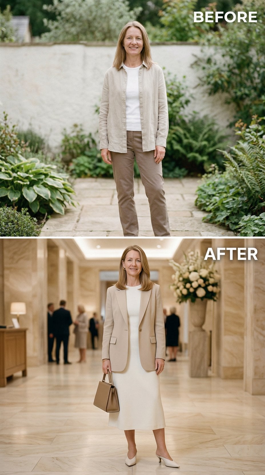 Casual Linen Shirt and Khaki Trousers Trade Into Structured Blazer with Midi Skirt
