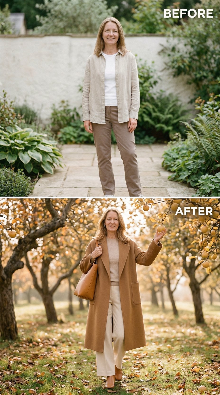 Khaki Linen Against Garden Stone Switches to Camel Wool Coat in Orchard