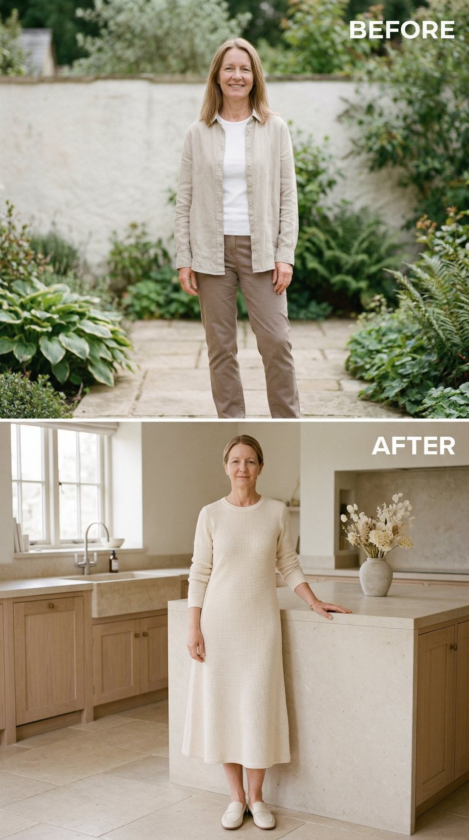 Linen Shirt and Khakis Step Inside to Cream Waffle-Knit Dress