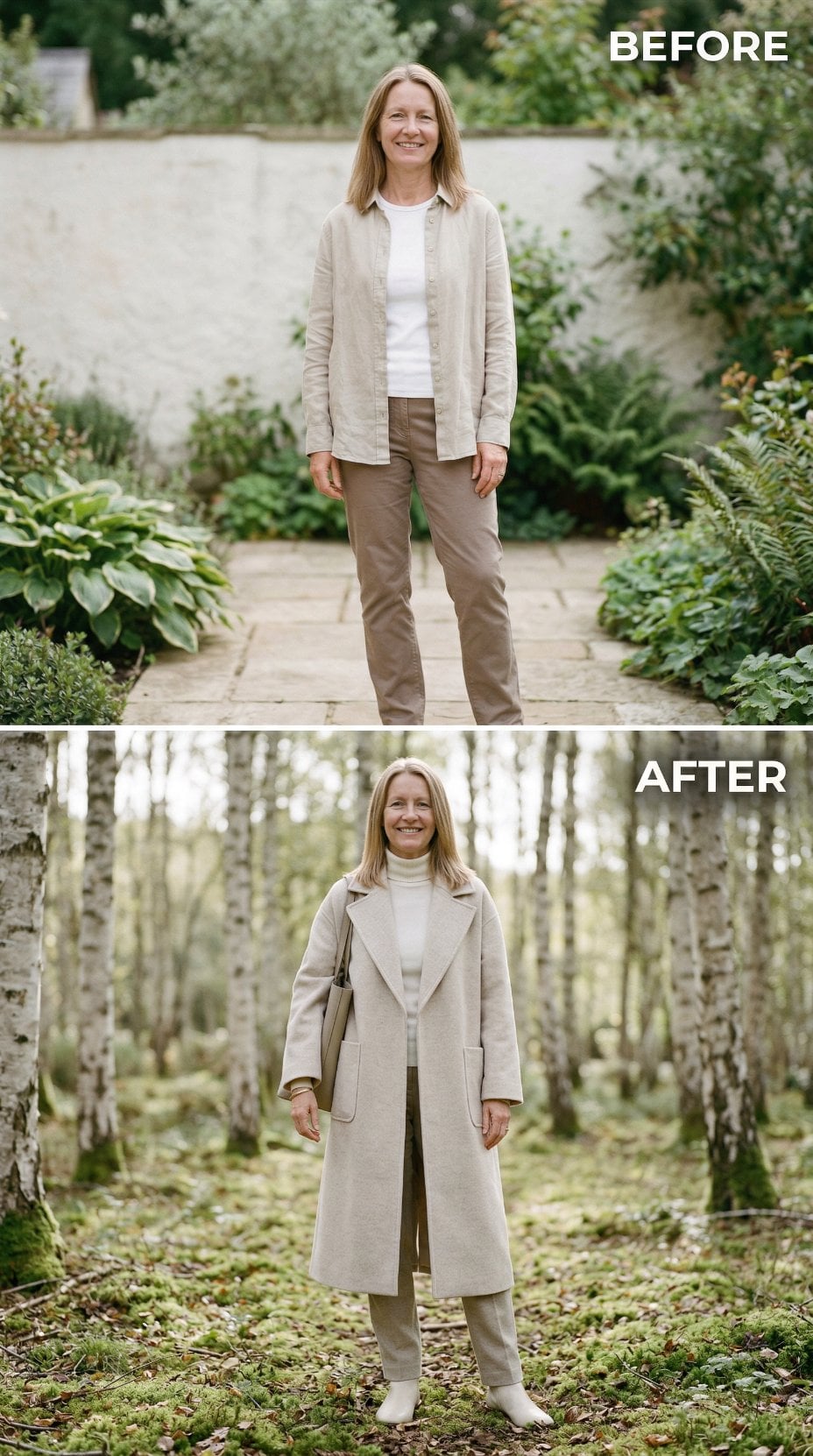 Stone Path Linen Layers Relocate to Long Oatmeal Coat in Birch Grove