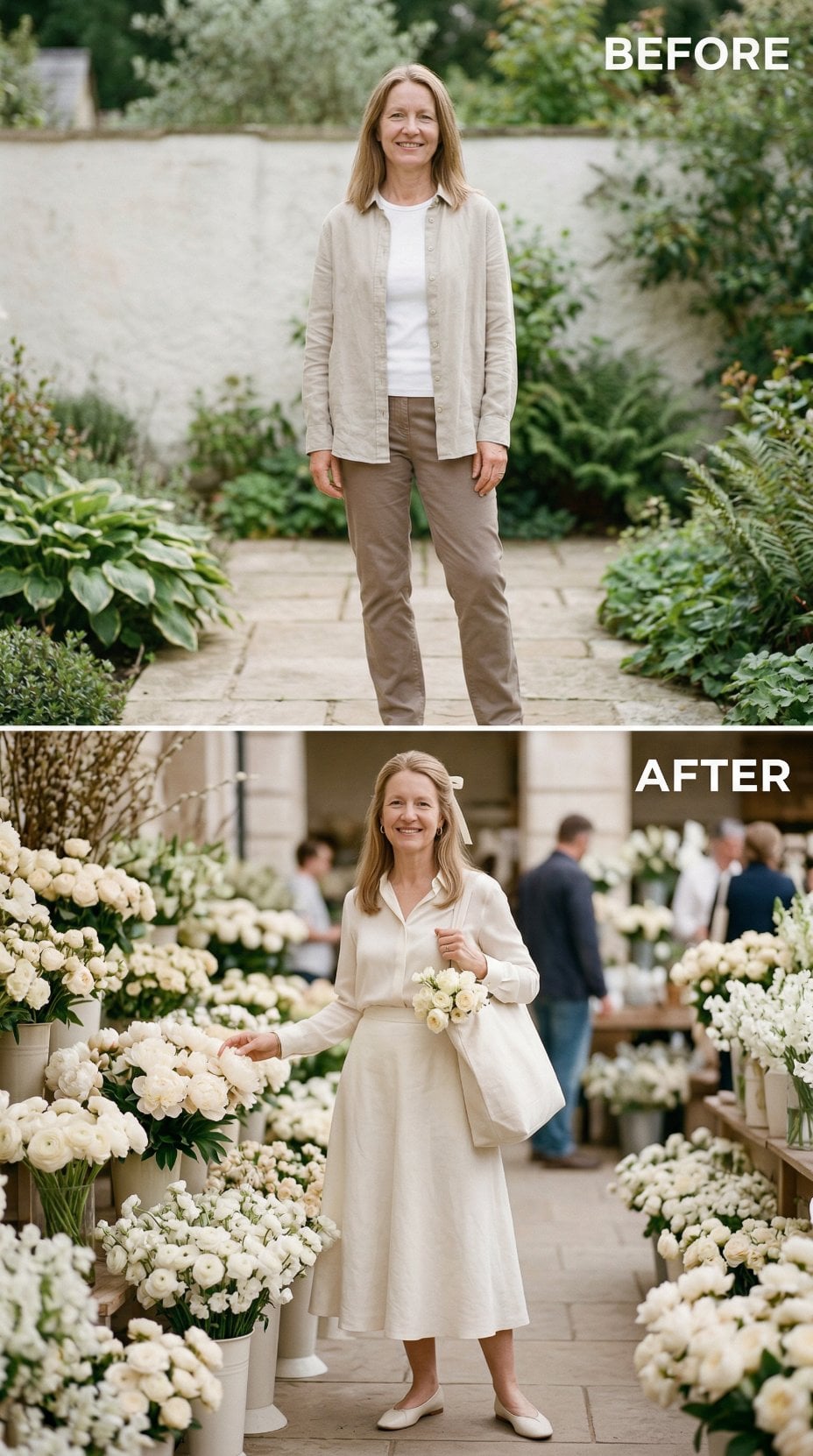 Garden Linen Shirt Against Stone Wall Shifts to Ivory Skirt Between Market Blooms