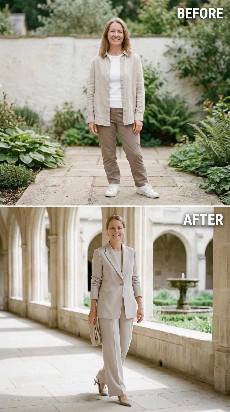 Linen Overshirt and Chinos Against Garden Wall Step Into Tailored Suit Under Colonnade