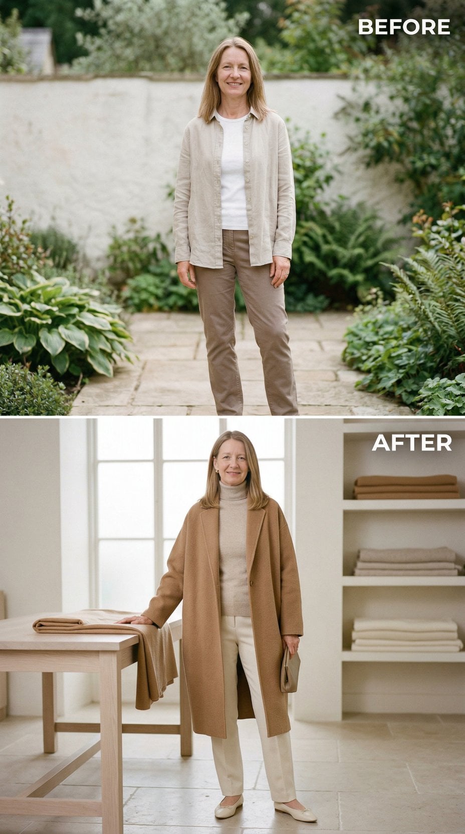 Layered Linen Neutrals Against Garden Stone Give Way to Camel Coat With Turtleneck
