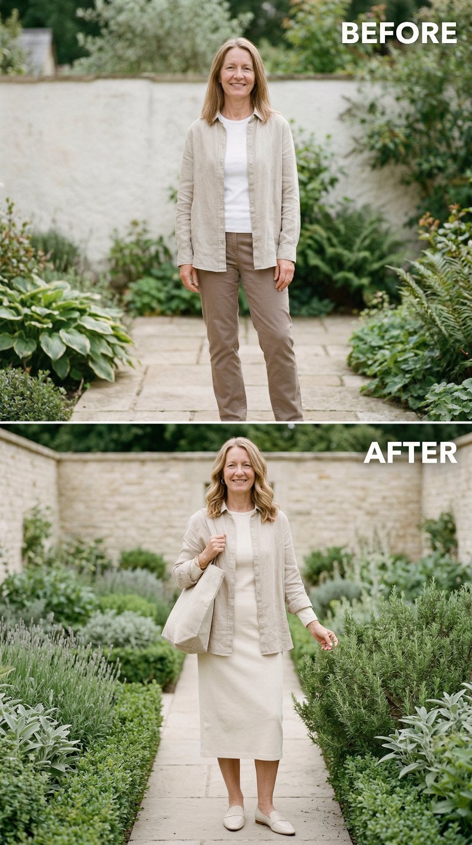 Khaki Garden Uniform Steps Into Midi-Length Ivory Knit and Flats