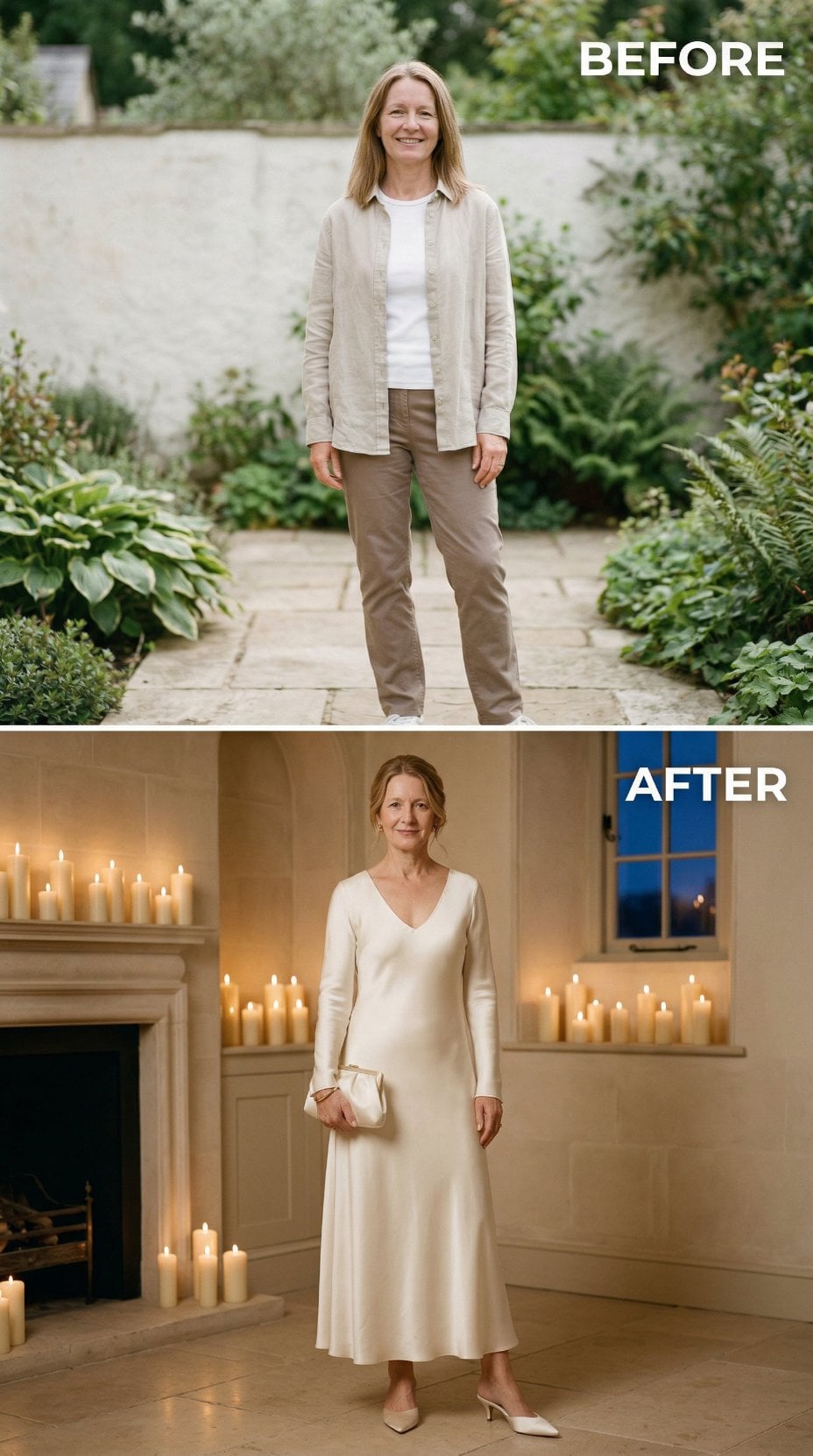 Garden Linen and Khakis Shift to Ivory Midi Dress in Candlelit Interior