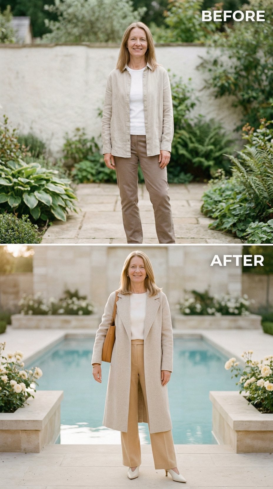Garden Shirt Unbuttoned Over Khakis Replaced by Long Oat Coat and Tan Bag