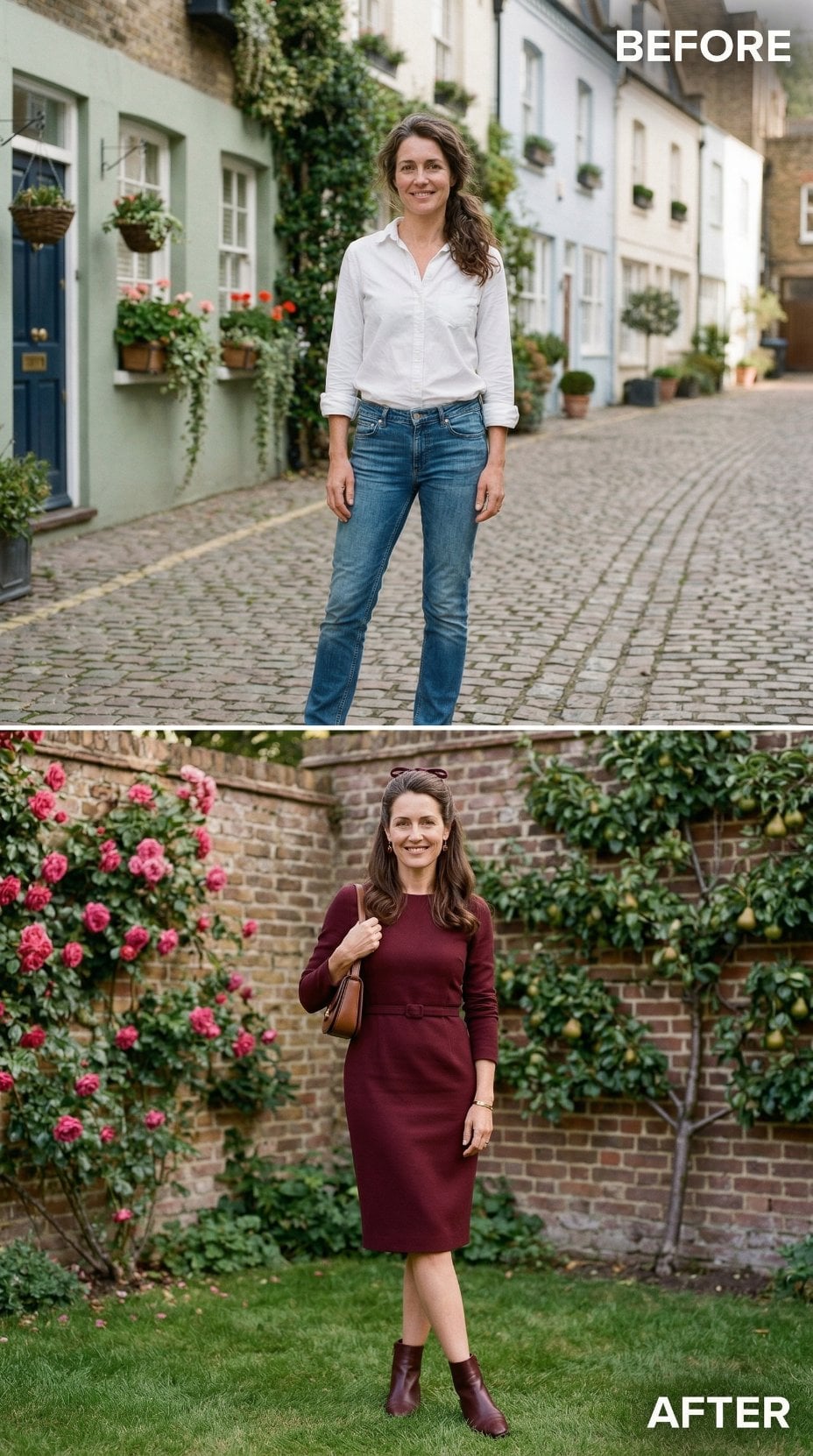 Casual White Shirt to Burgundy Long-Sleeve Sheath