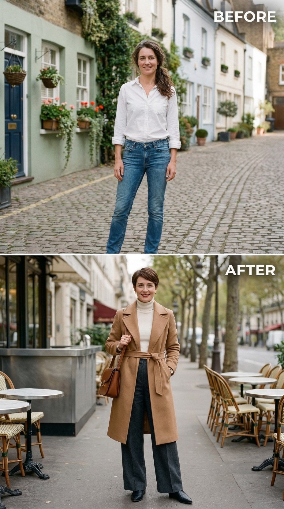 Denim and White Poplin to Camel Wrap Coat and Wide-Leg Trouser