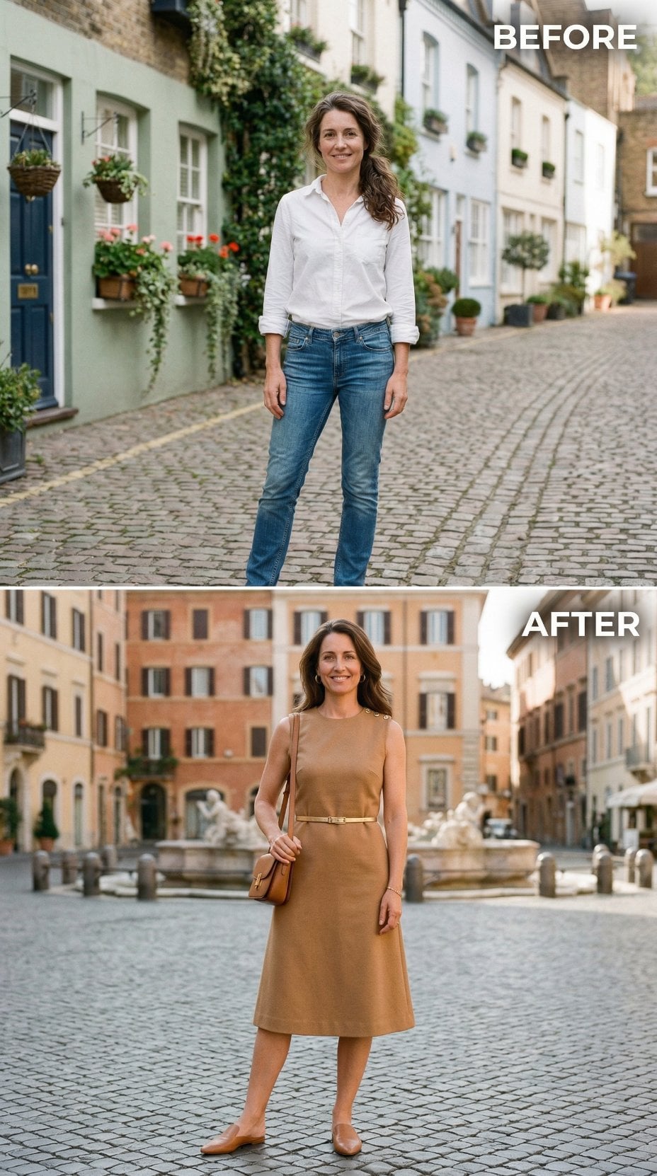 Blue Jeans to Camel Midi and Thin Gold Belt