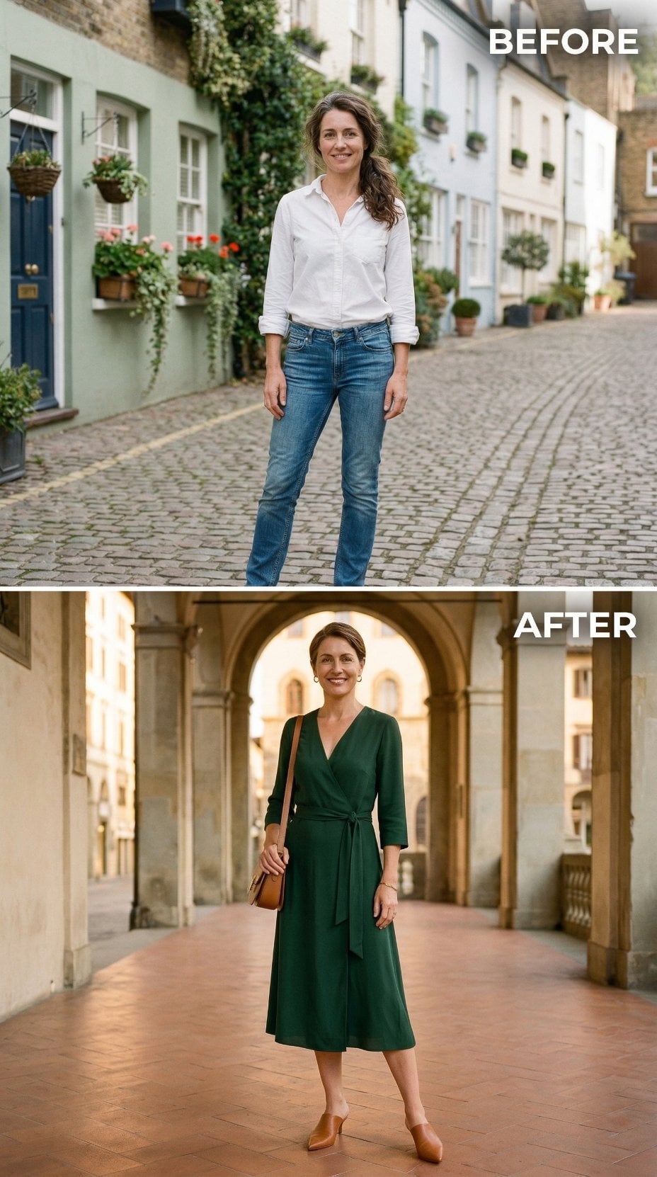 From White Shirt and Blue Jeans to Emerald Wrap Dress