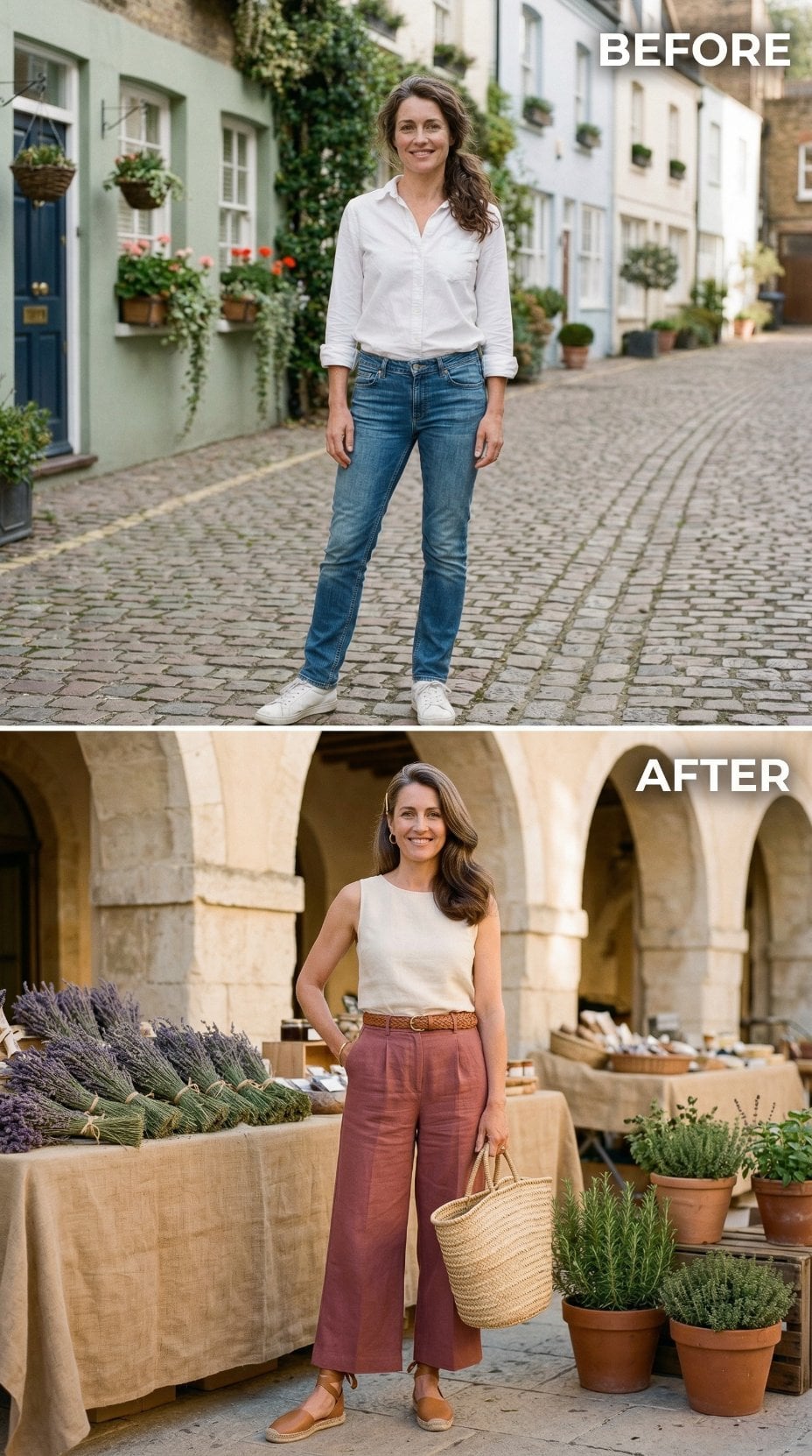 Blue Jeans to Rose Linen Wide-Legs and Woven Market Bag