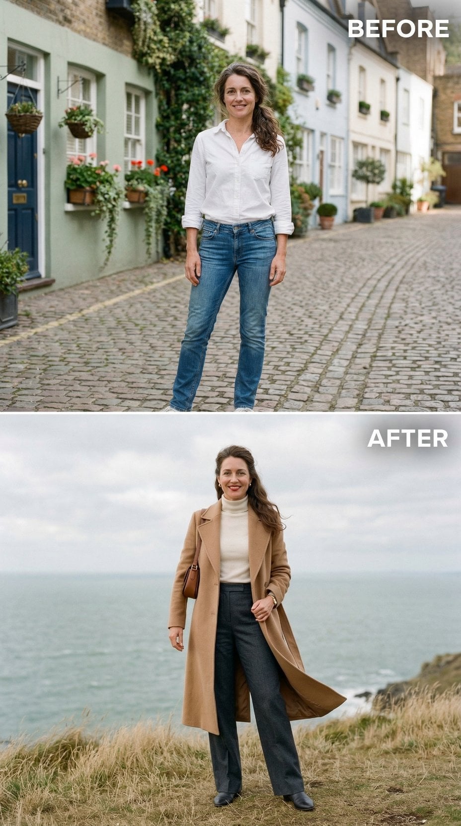 White Button-Down and Blue Denim to Camel Coat Over Cream Turtleneck