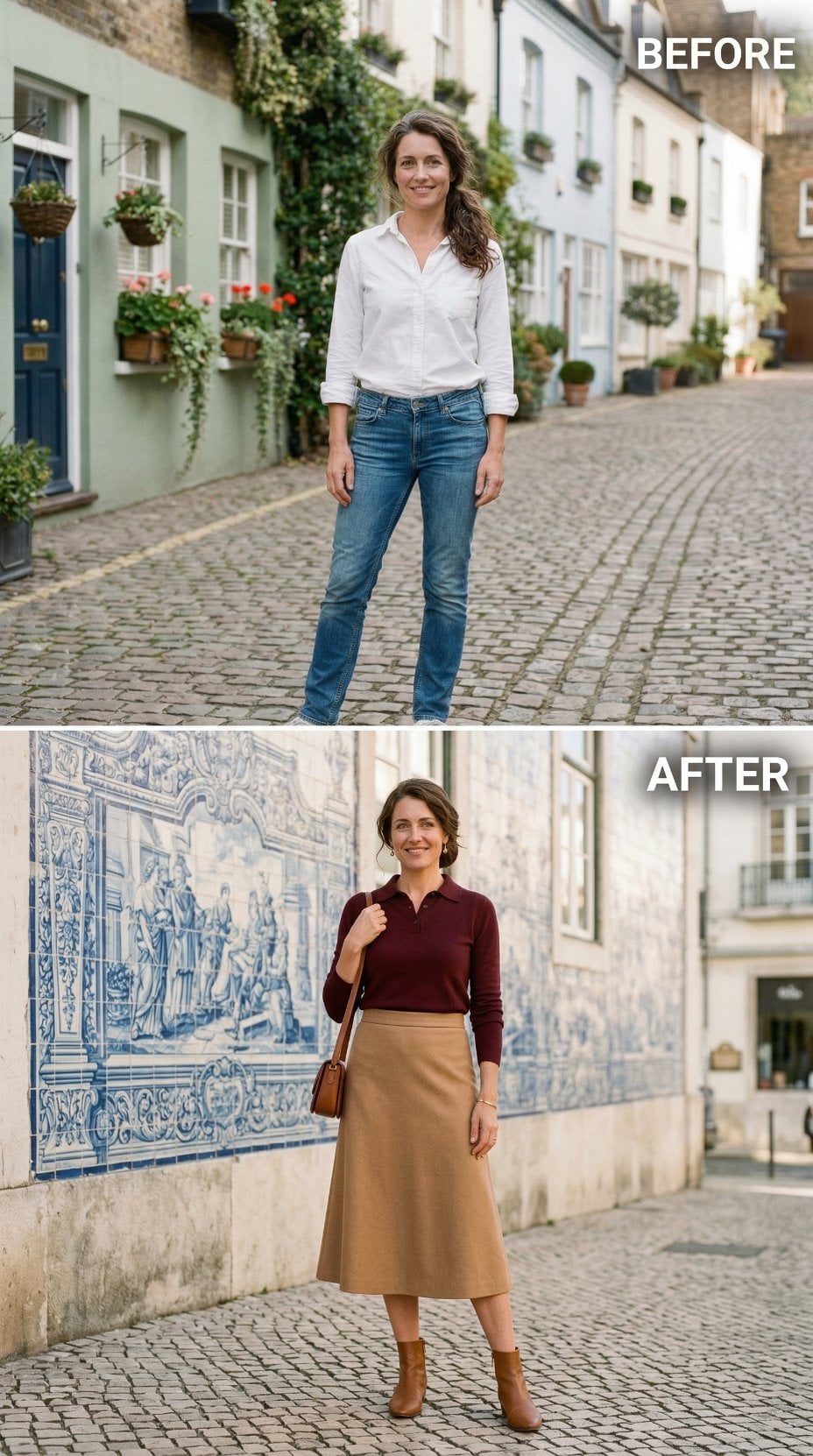 Jeans and White Button-Up to Burgundy Knit and Camel Midi Skirt