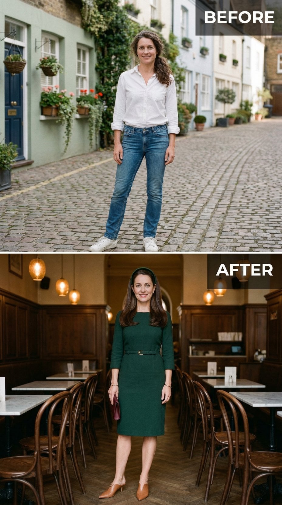 White Shirt and Jeans to Belted Green Sheath in Warm-Lit Dining Room