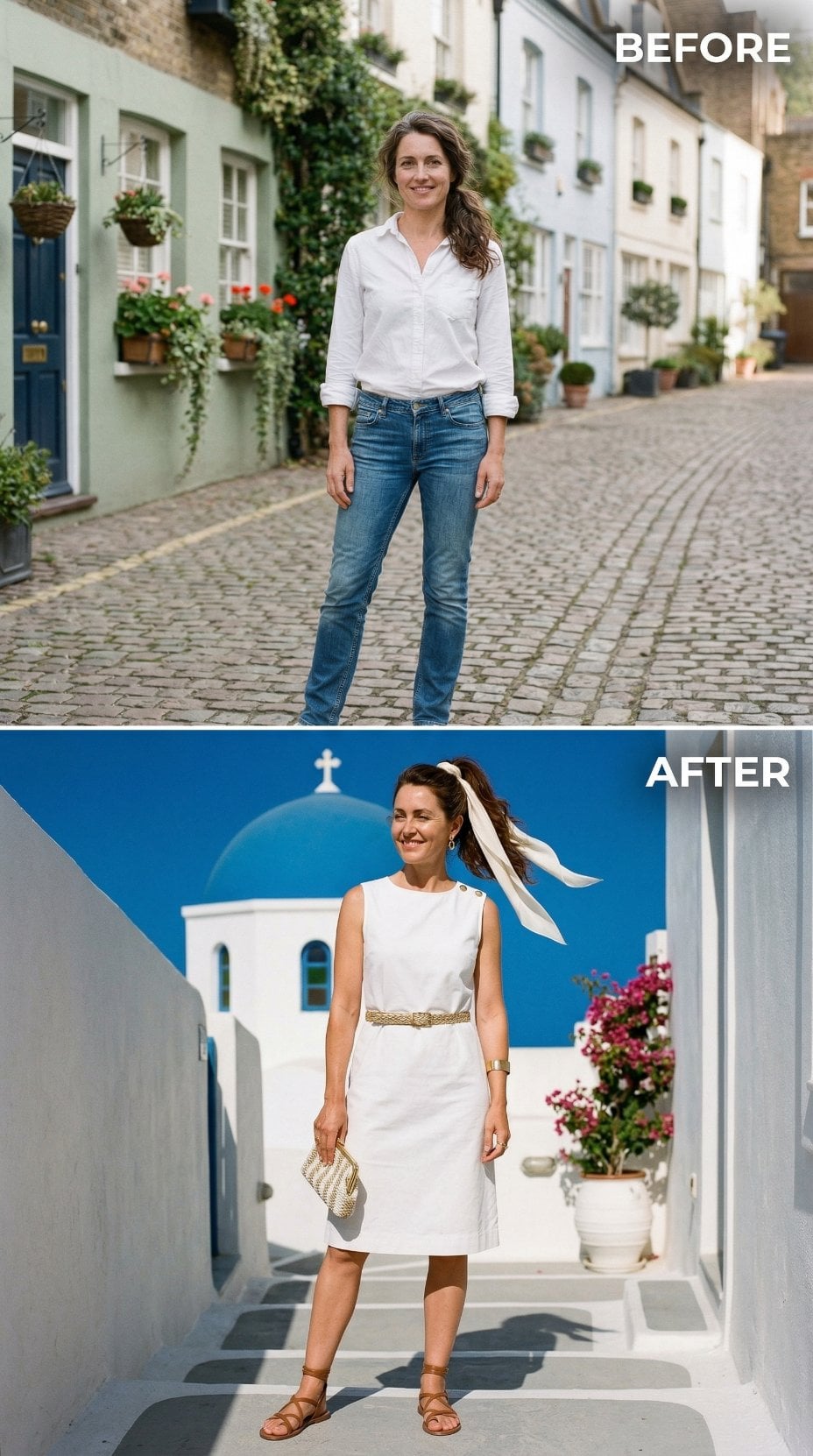 Casual Button-Up and Jeans to Sleeveless Ivory Shift in Santorini