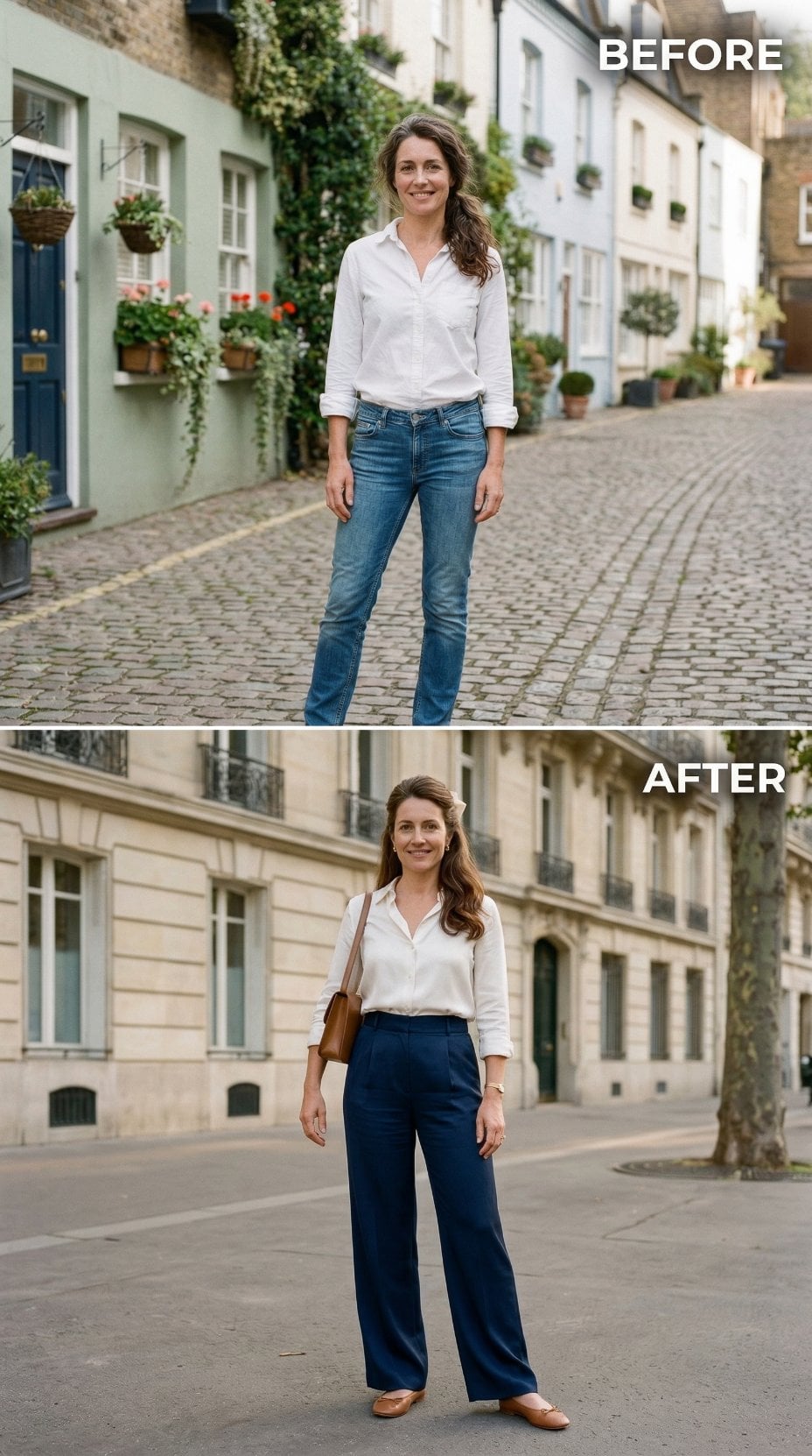 Blue Jeans on Cobblestone to Wide-Leg Navy and Cognac Crossbody