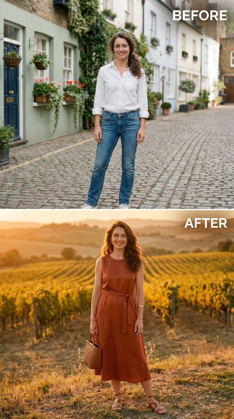 Rust Linen Midi and Golden-Hour Vineyard Rows