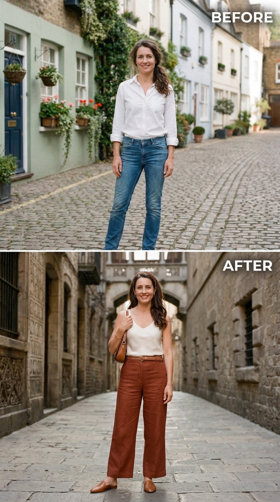 White Tank and Rust Linen Trousers Under Stone Archway