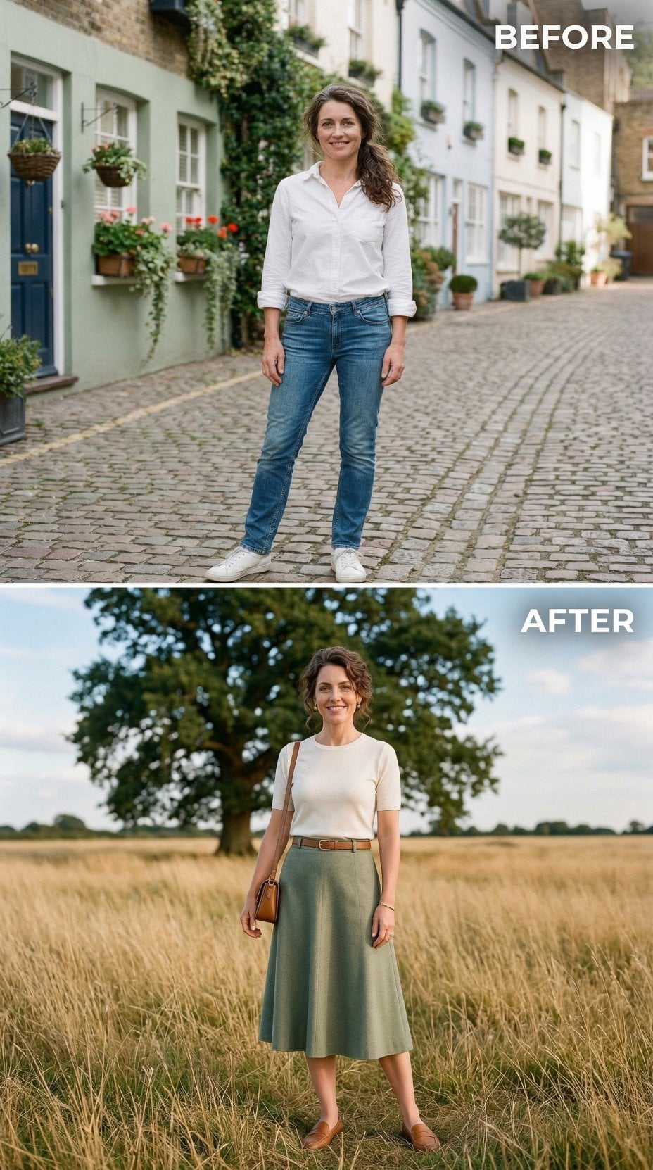 White Button-Down and Denim to Sage Midi Skirt Under a Lone Oak