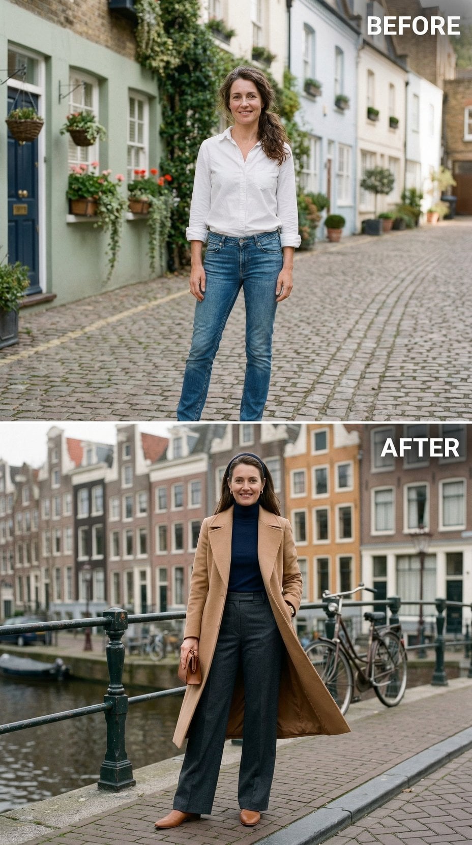 White Shirt and Denim to Camel Coat Over Black Turtleneck by the Canal