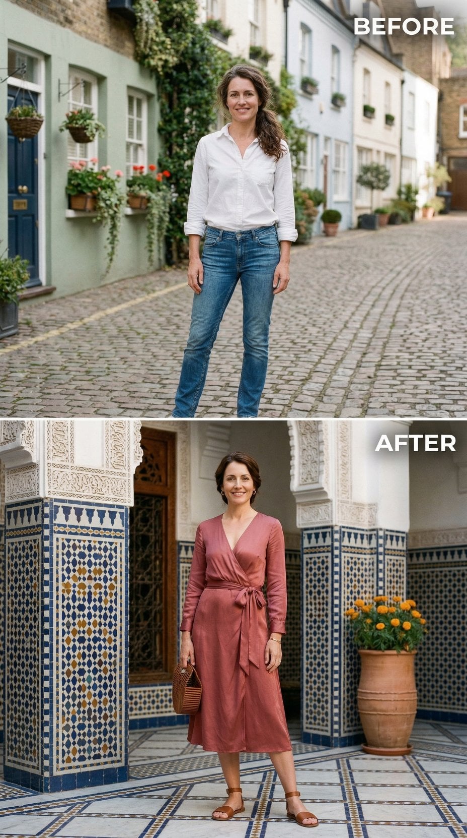White Shirt and Blue Denim to Rose Wrap Dress with Tile Backdrop