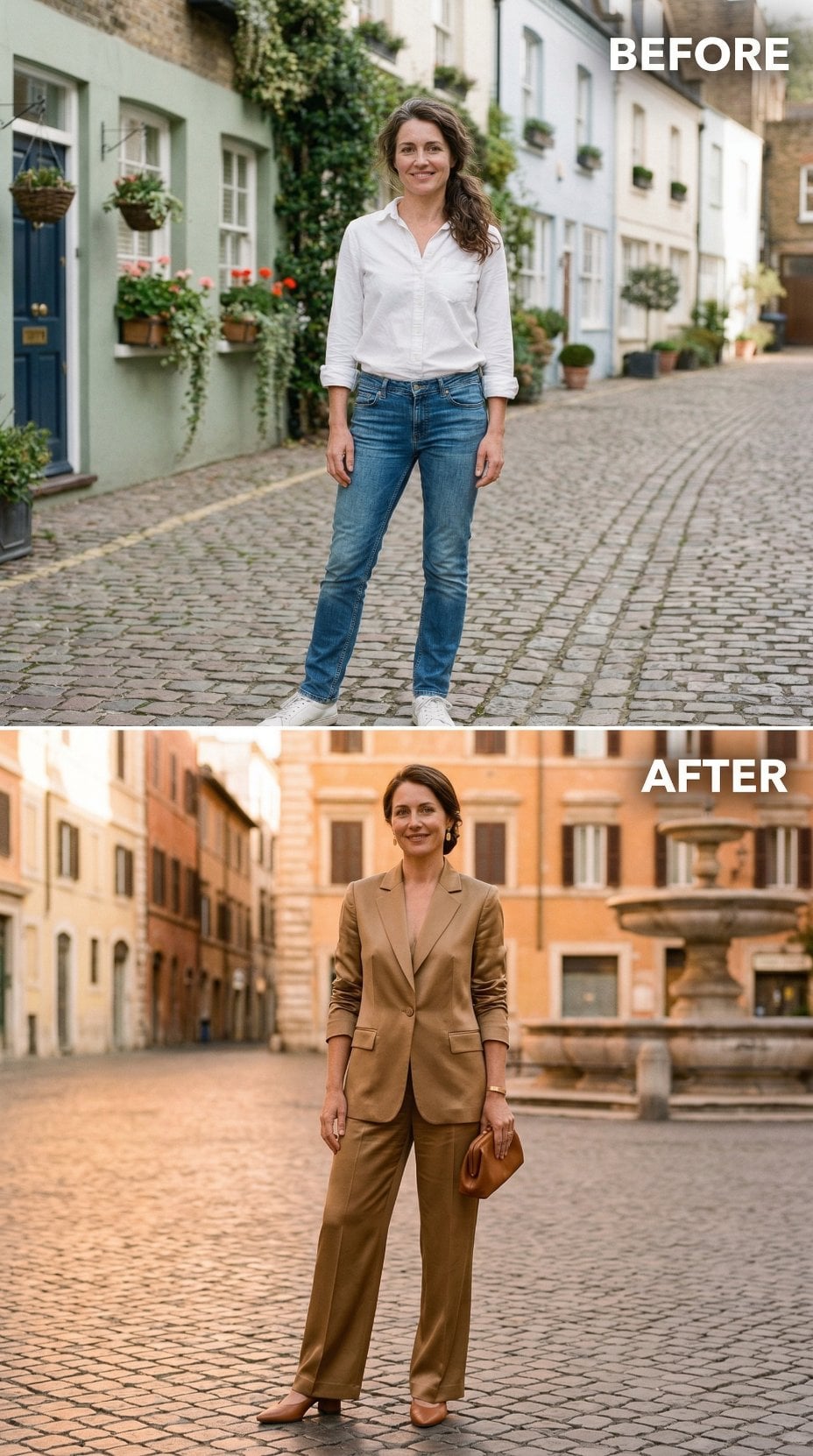 White Shirt and Denim to Caramel Suit in a Roman Piazza