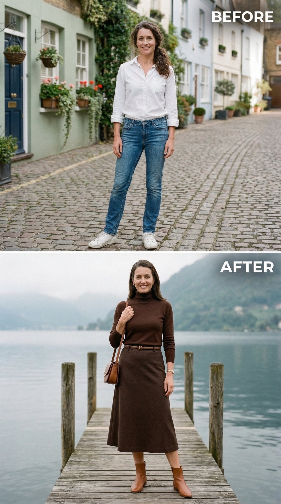 White Shirt and Denim to Brown Turtleneck and Midi Skirt on a Lakeside Dock