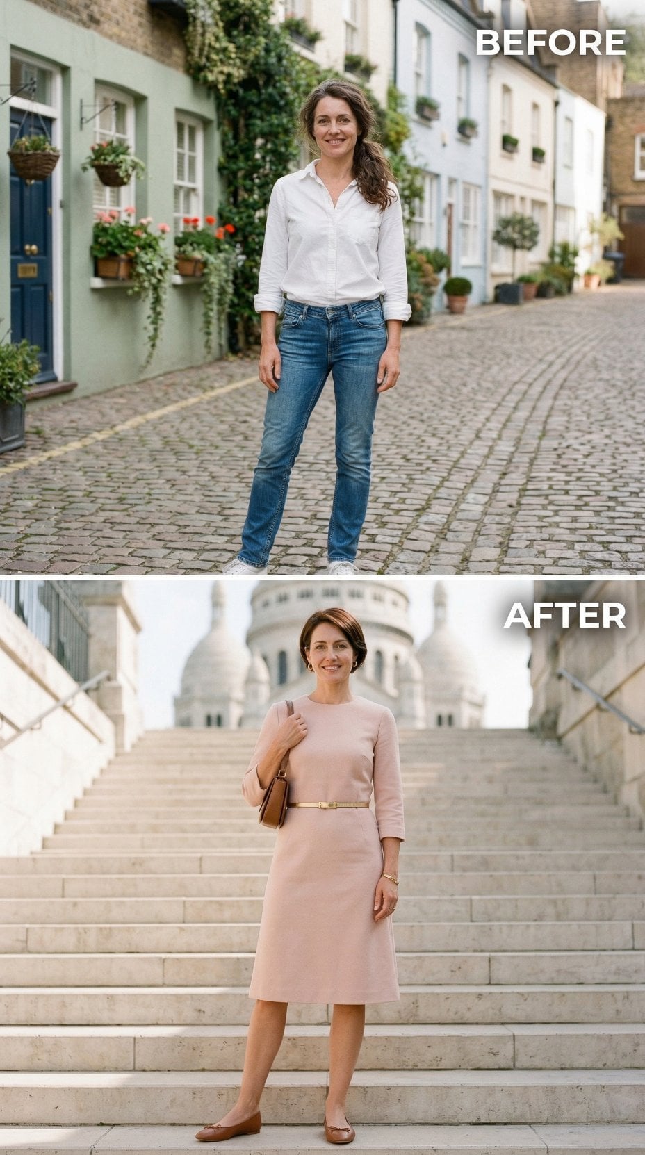 Casual White Button-Down to Blush Sheath with Gold Belt on Stone Steps