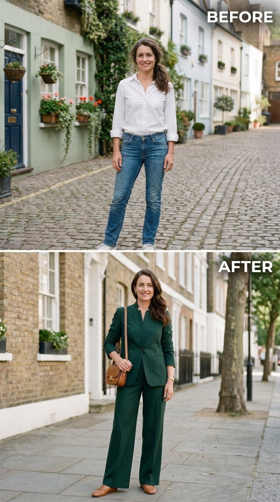 White Shirt and Jeans to Forest Green Suit on a London Sidewalk