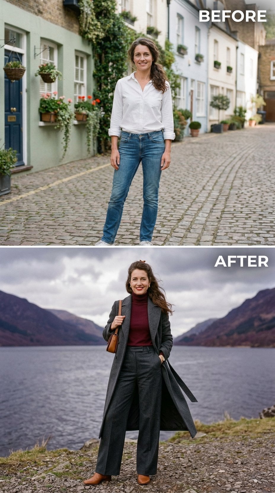 Charcoal Long Coat Over Burgundy Turtleneck by Scottish Highlands Water