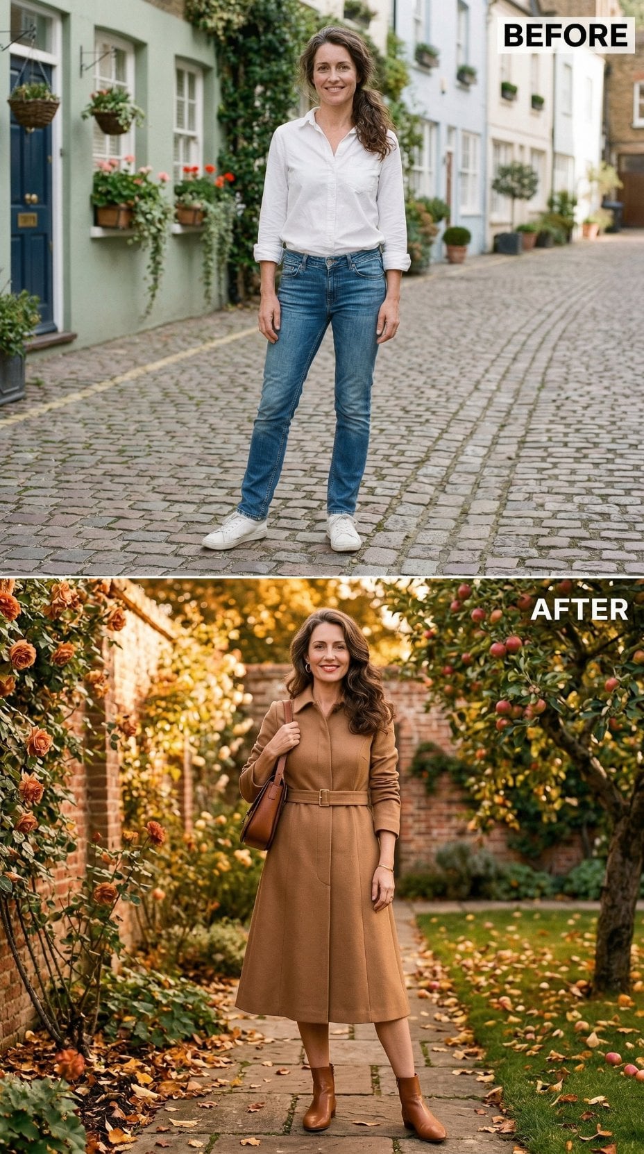Crisp Cotton and Blue Denim to Belted Camel Trenchcoat in an Autumn Garden