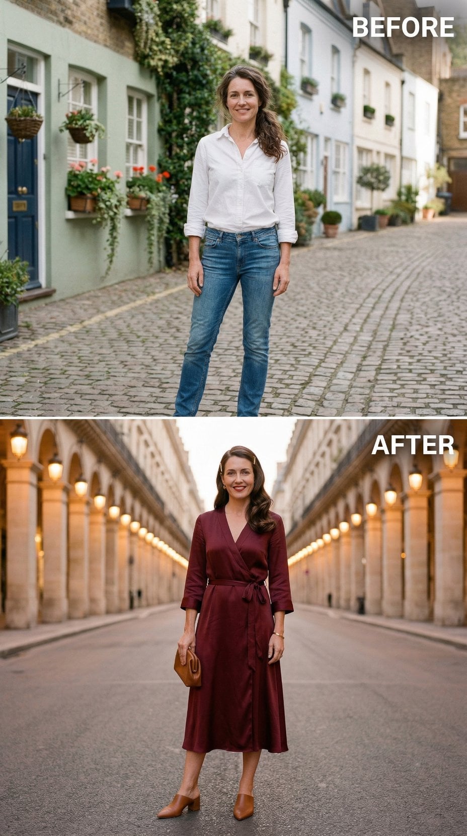 Blue Jeans on Cobblestones to Oxblood Silk Dress Under Parisian Arches