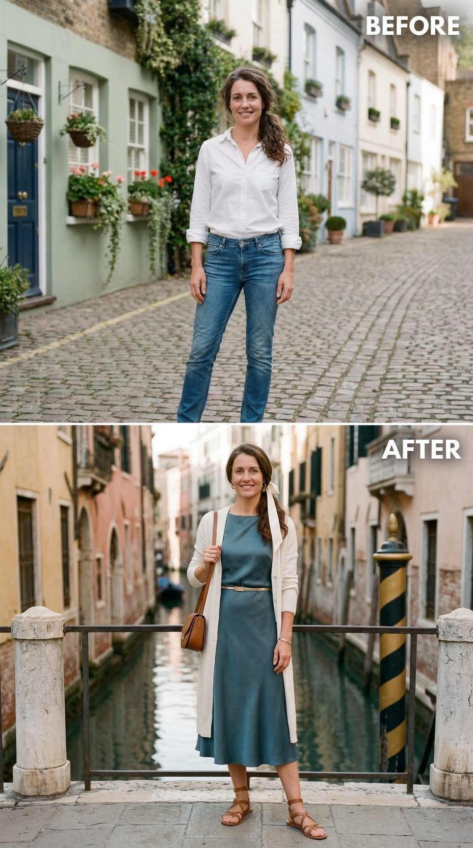 Cobblestone Neutrals to Teal Dress and Cardigan on a Venetian Bridge
