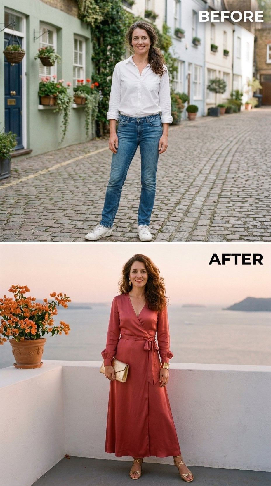 White Poplin and Medium Wash Denim to Coral Wrap Dress at Sunset