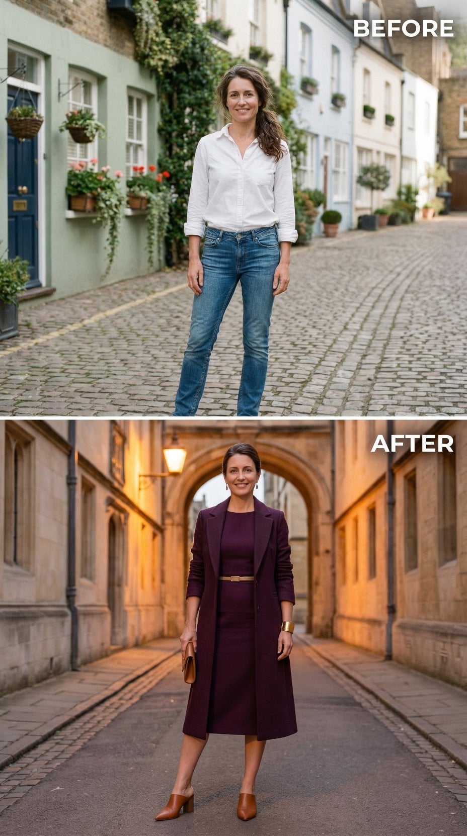 White Cotton and Straight-Leg Denim to Burgundy Dress and Coat Under Golden Arches
