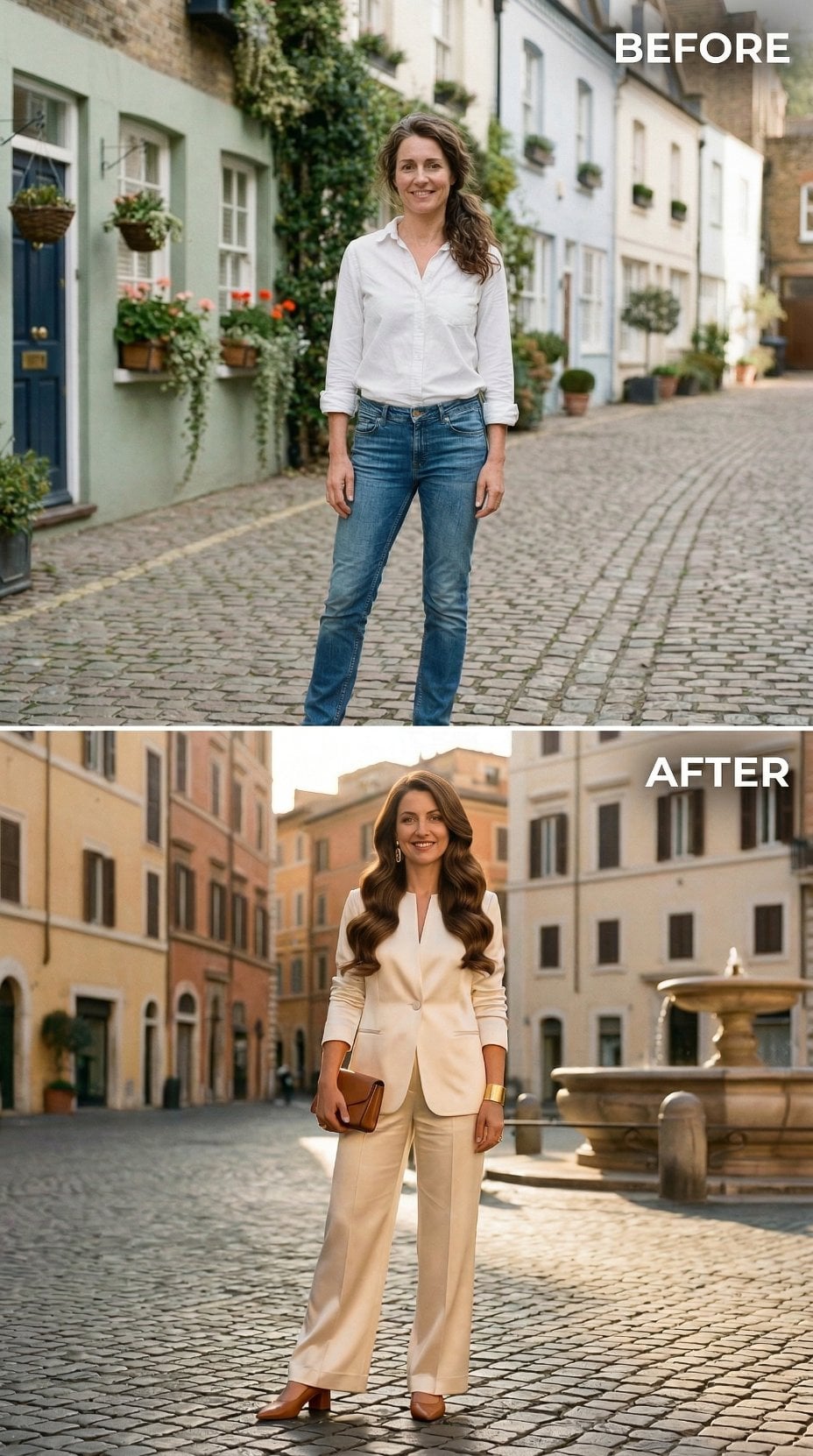 White Shirt and Denim to Cream Blazer and Trousers on Italian Piazza