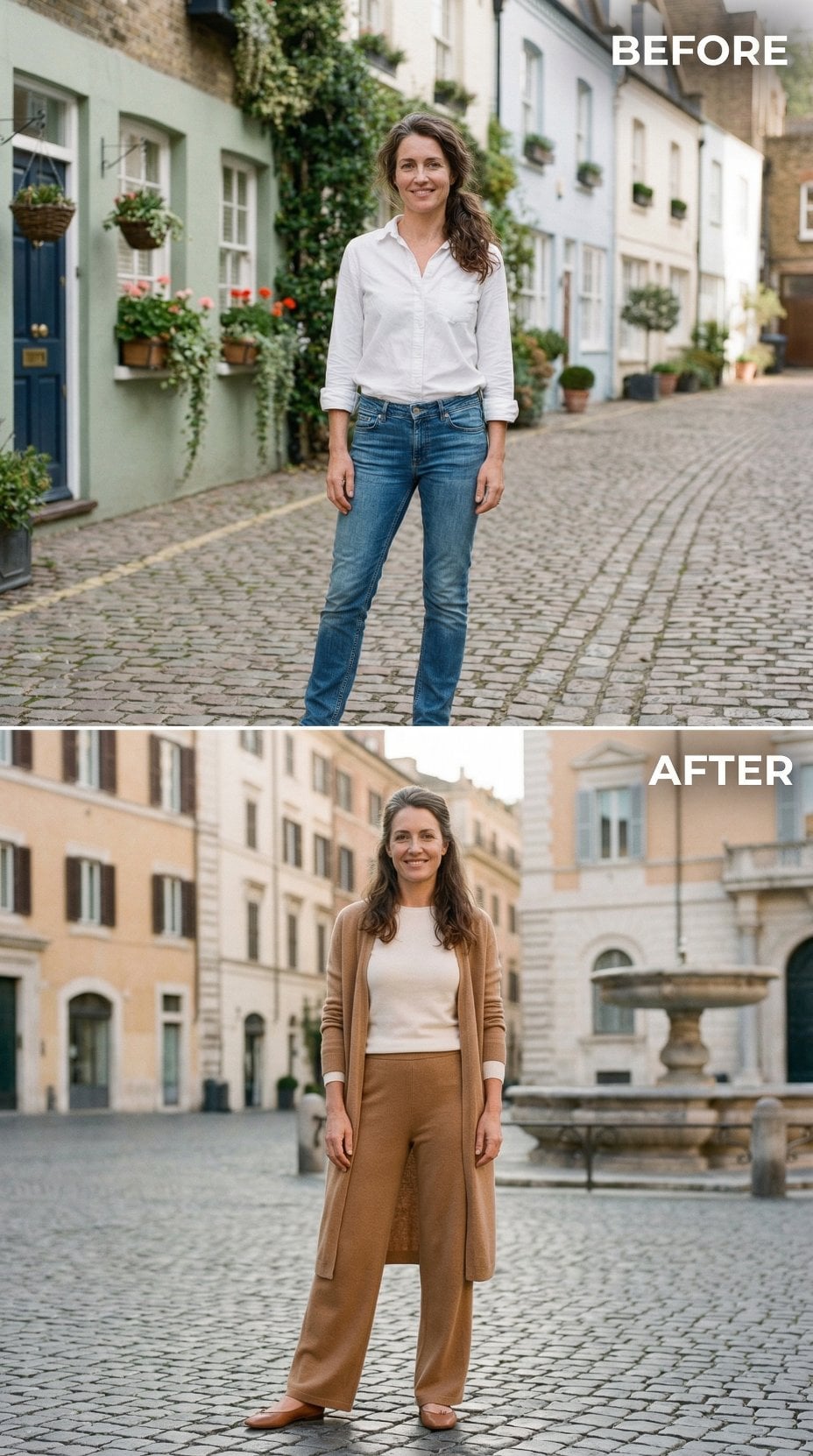 Relaxed Denim to Ivory Knit and Camel Wide-Leg Trousers