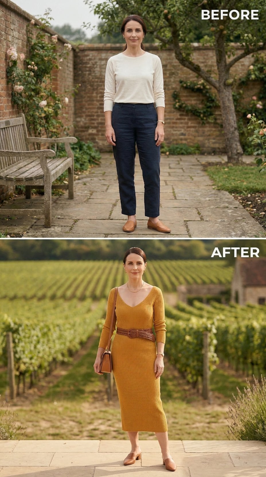 Mustard Ribbed Knit, a Woven Belt, and Why the Vineyard Setting Earns Its Place