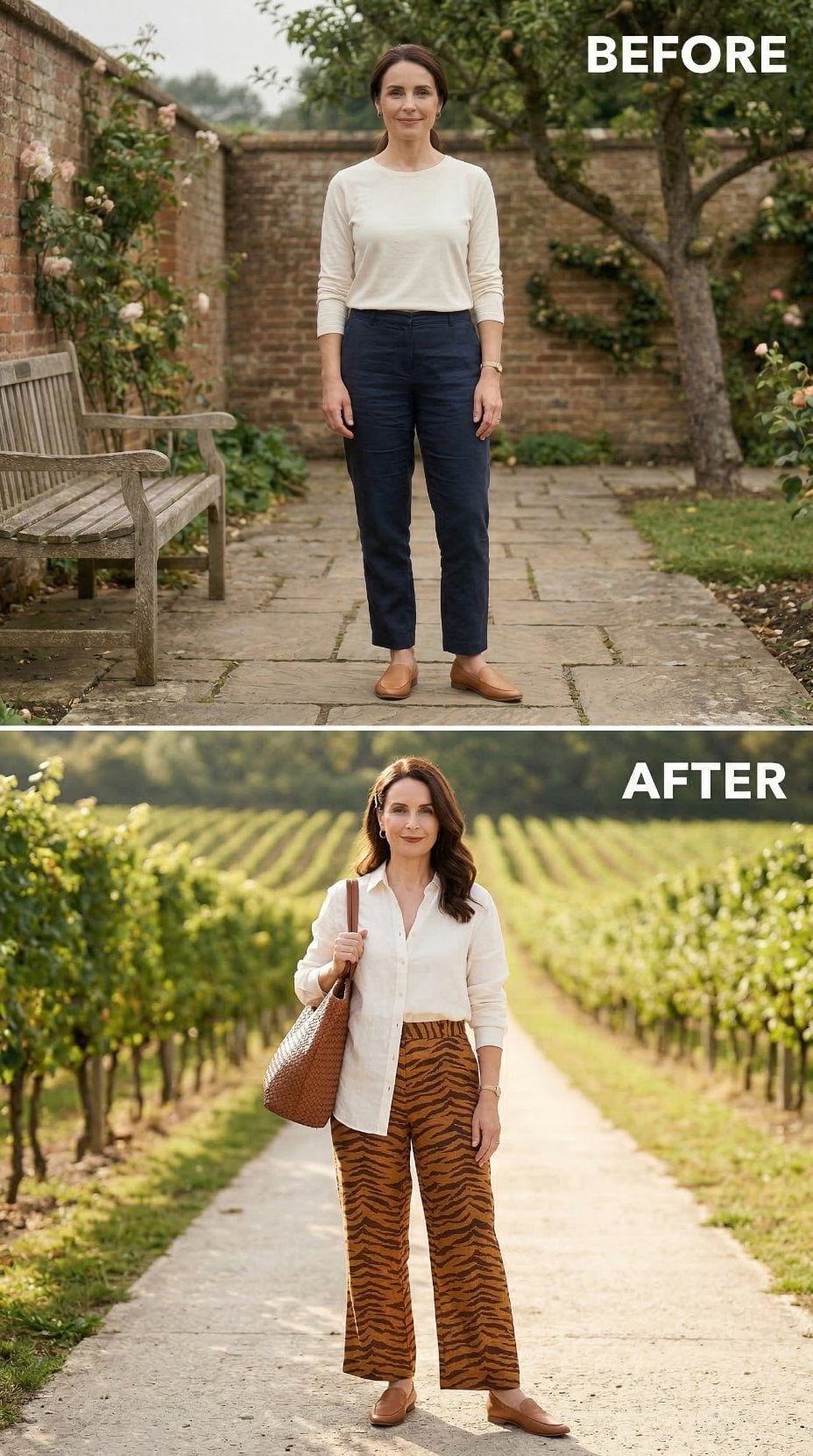 Navy Chinos to Tiger-Print Wide-Legs: What One Pattern Does to the Same Woman