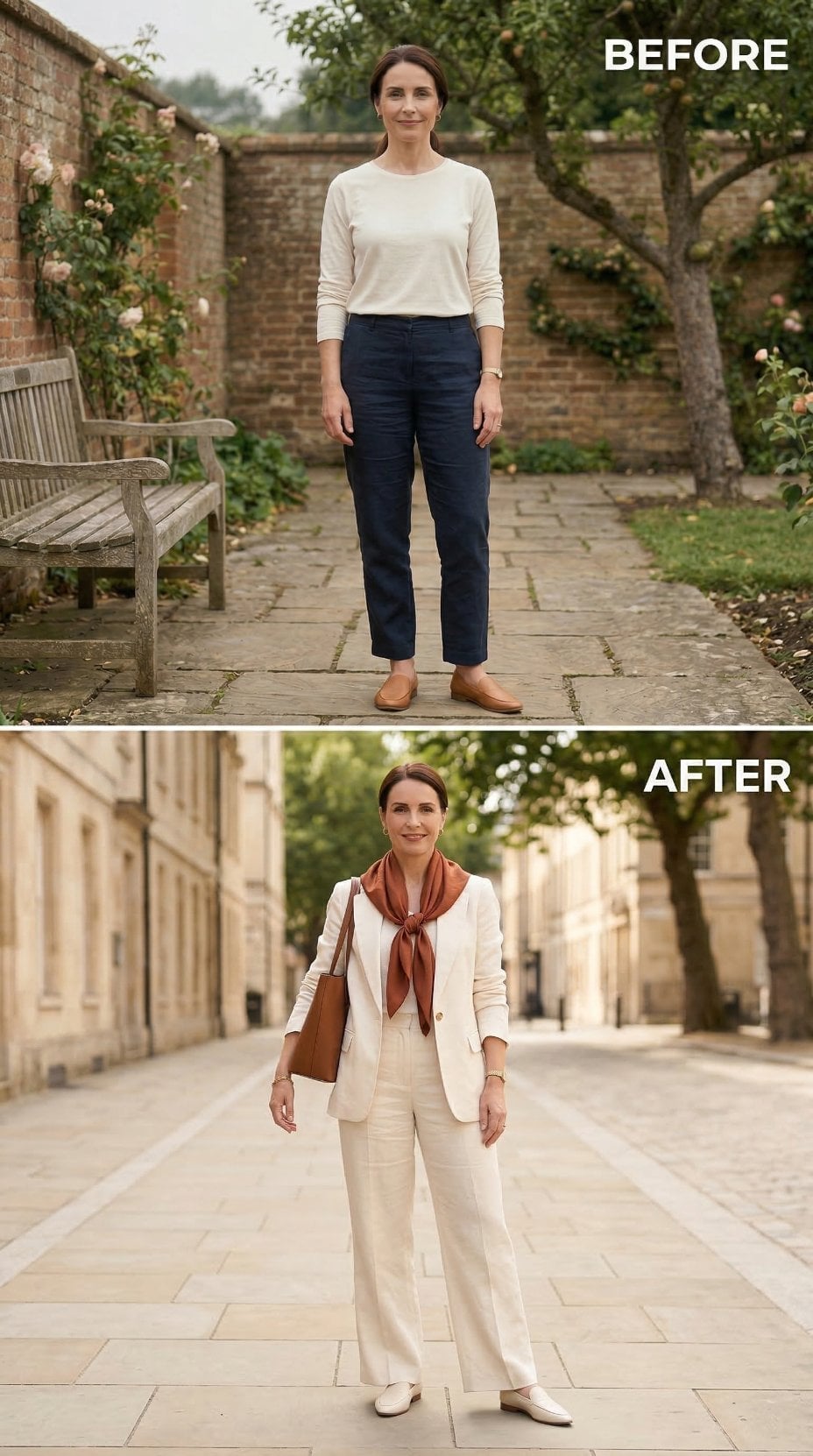Navy Chinos and a Cream Top Walk Into a Garden. Cream Suiting Walks Out of It.