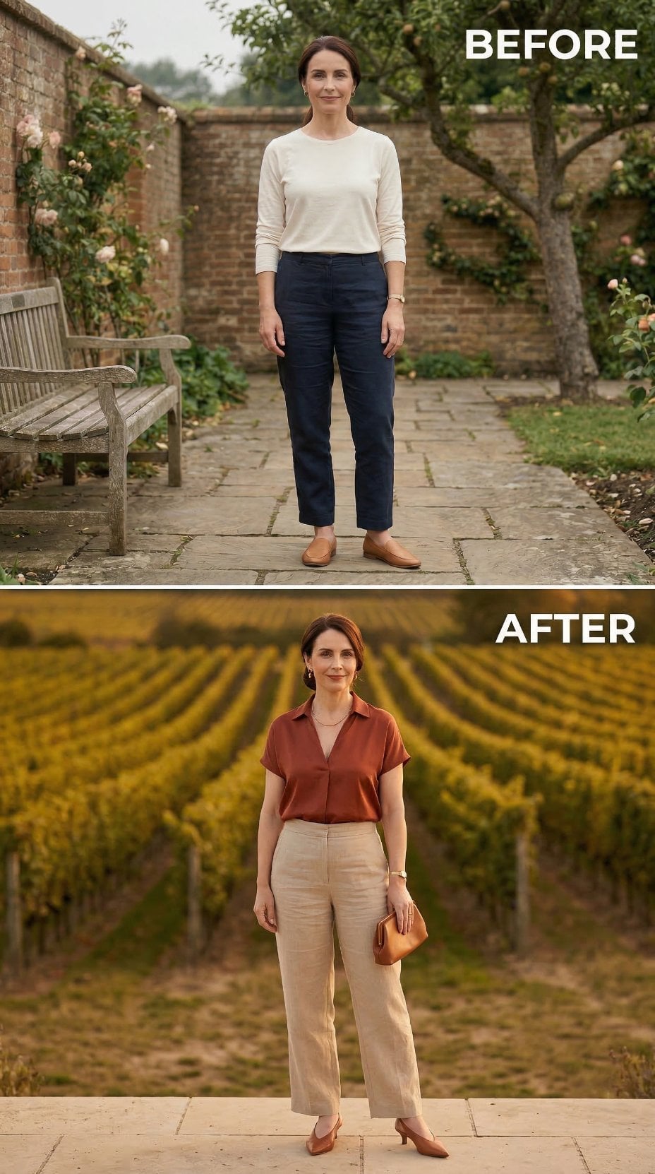Dark Chinos Exit the Garden. A Rust Satin Blouse Arrives at the Vineyard.